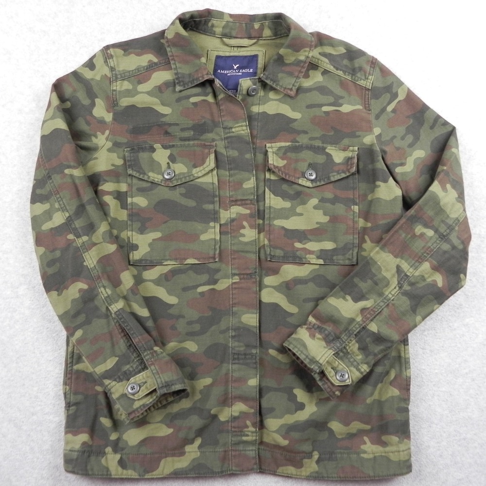 American Eagle Shirt Jacket Womens Medium Utility Button Army‎ Camo Long Sleeve